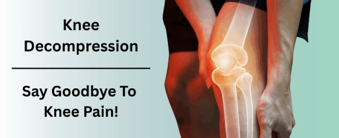Knee decompression treatment illustration showing highlighted knee joint and pain relief message