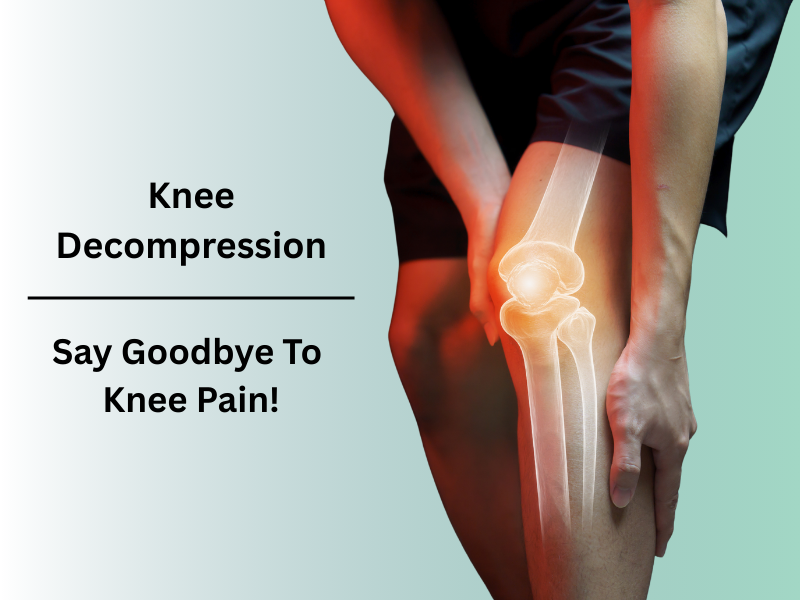 Knee decompression treatment illustration showing highlighted knee joint and pain relief message